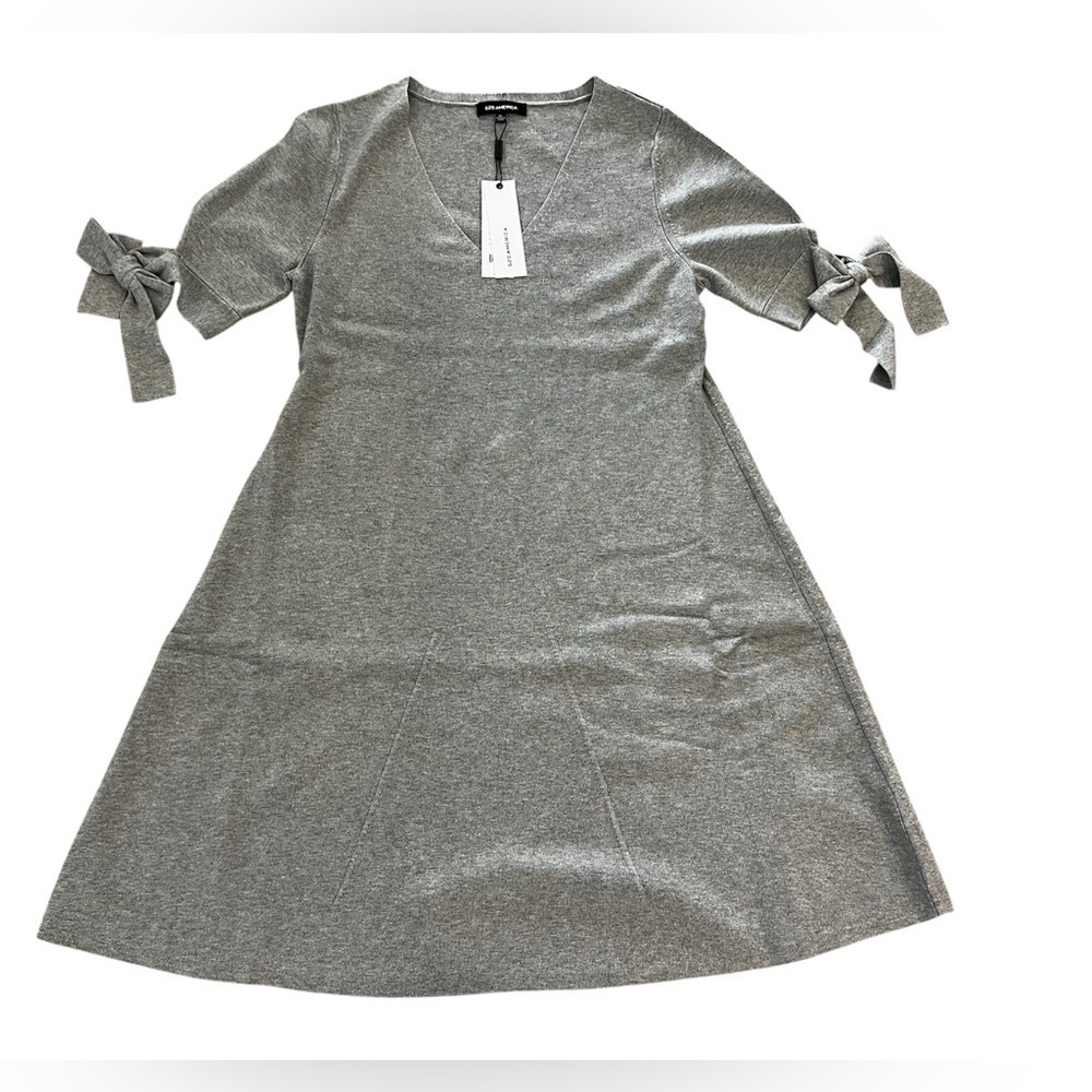 525 America Womens Gray Ribbed Tie Sleeves Fit Flare Dress Large Petite NWT